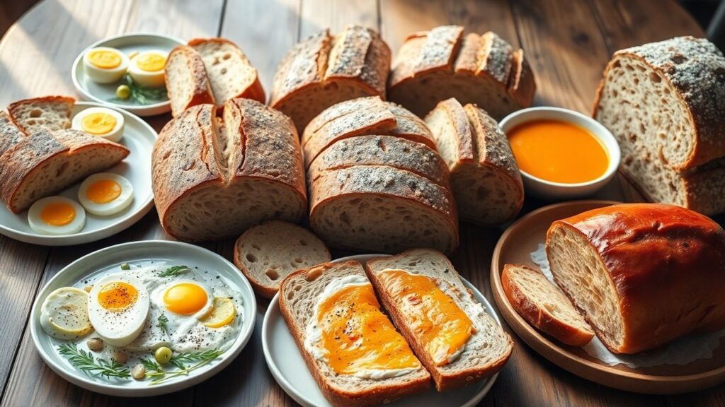 Assorted sliced breads paired with breakfast, lunch, and dinner foods
