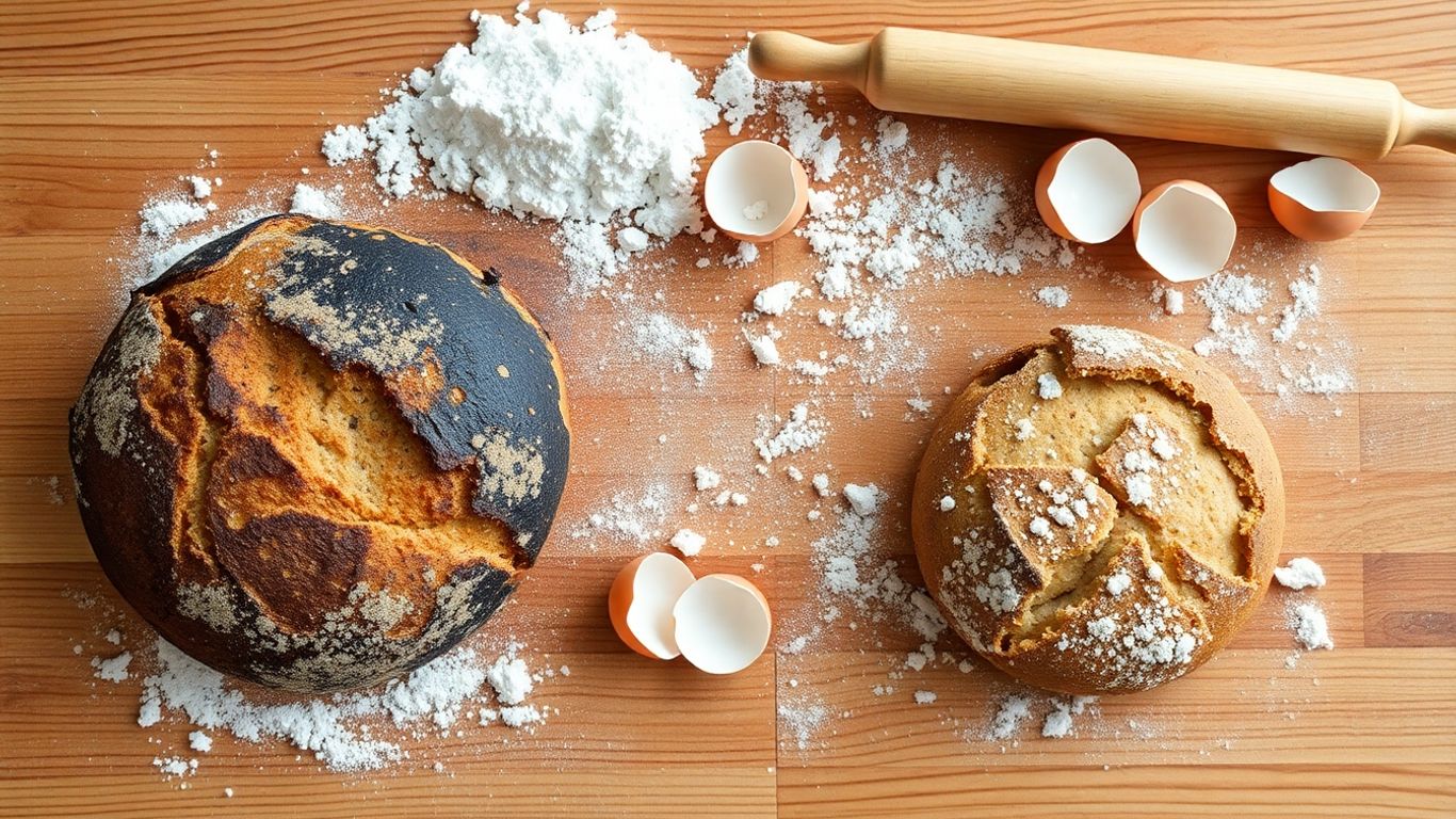 Burnt and collapsed bread loaves on rustic kitchen counter.