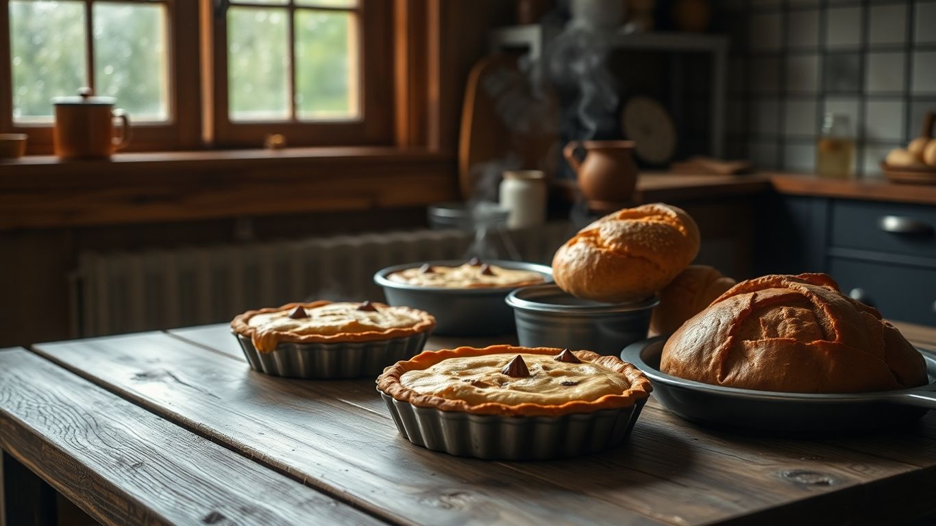 Steaming pies and bread in cosy kitchen on rainy day