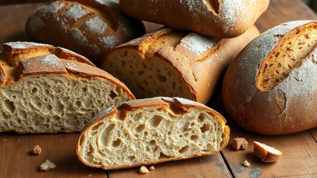 Different artisan loaves with crunchy and chewy crusts
