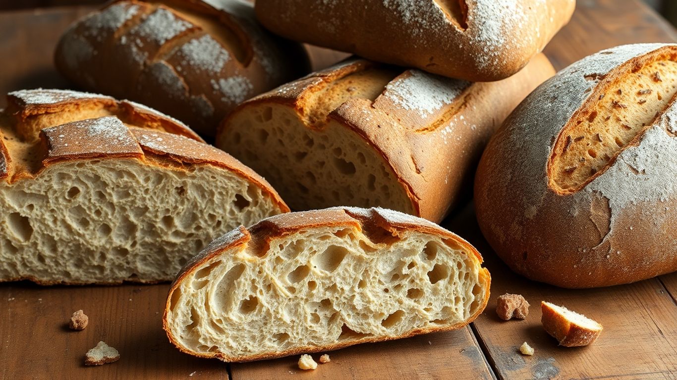 Different artisan loaves with crunchy and chewy crusts