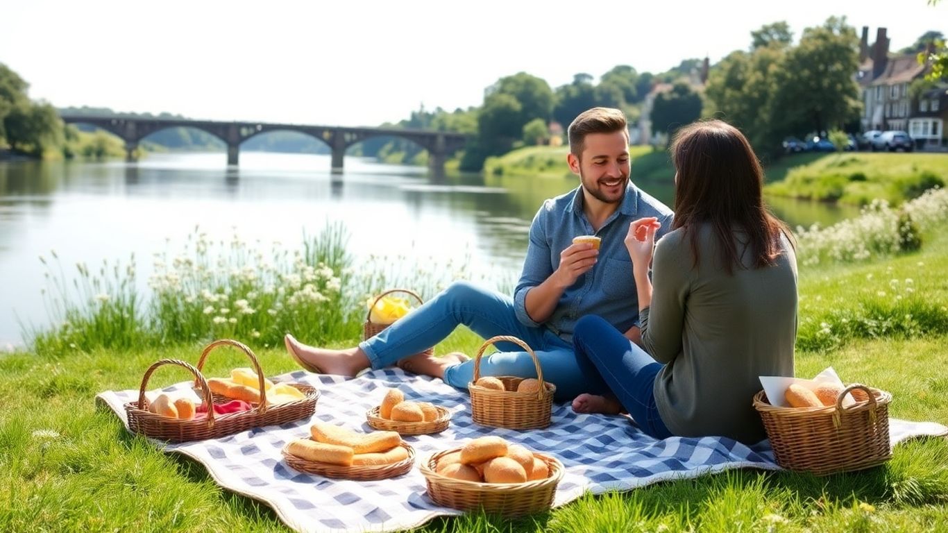 Couple enjoying riverside picnic with bakery pastries