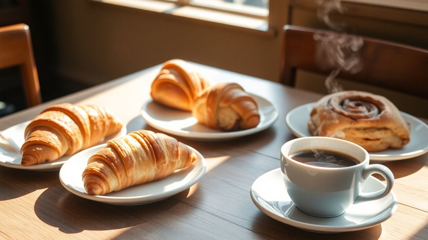 Fresh pastries and coffee on café table in morning light